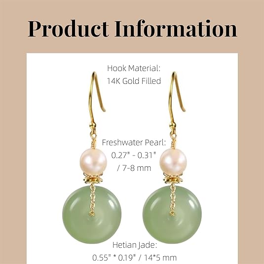 Natural Jade & Freshwater Pearls Earrings Dainty Handmade Earrings for Women Dangle Hook Earrings Drop Earrings Lucky Jewelry Gift for Mom Lover Her (14K Gold Filled)