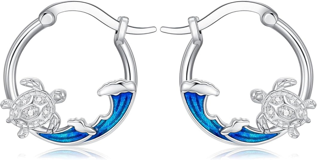 SeaTurtle dolphin Hummingbird Earrings for Women 925 Sterling Silver Sea Waves Earrings Ocean Huggie Hoop Sea Turtle dolphin Earrings Jewelry Gifts