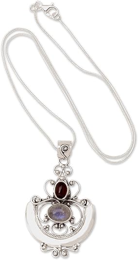 NOVICA Artisan Handcrafted Rainbow Moonstone & Garnet Teardrop Pendants | .925 Sterling Silver Birthstone Necklace | Handmade
