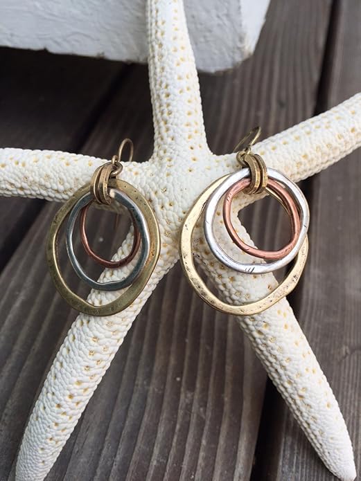 HANDMADE SUNRISE EARRINGS - OF EARTH AND OCEAN, Burnished Circles, Copper, Brass and Silverplated by Of Earth and Ocean