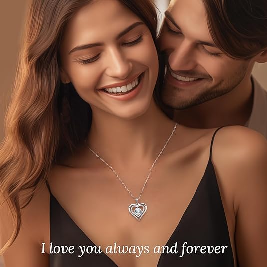 Moissanite Necklace for Women, Heart Pendant Engraved 'I Love You' Gifts for Wife, Valentine's Day Gift Anniversary Eternity Birthday Present Sterling Silver Jewelry for Her