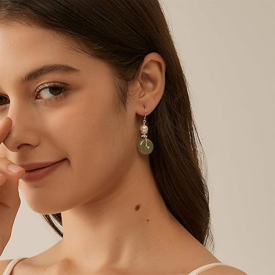 Natural Jade & Freshwater Pearls Earrings Dainty Handmade Earrings for Women Dangle Hook Earrings Drop Earrings Lucky Jewelry Gift for Mom Lover Her (14K Gold Filled)