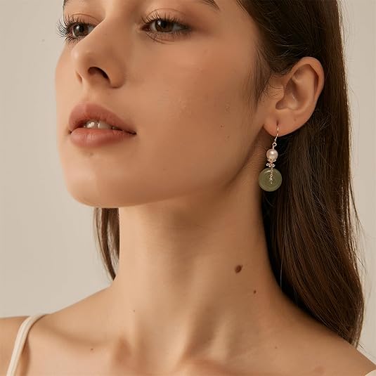 Natural Jade & Freshwater Pearls Earrings Dainty Handmade Earrings for Women Dangle Hook Earrings Drop Earrings Lucky Jewelry Gift for Mom Lover Her (14K Gold Filled)