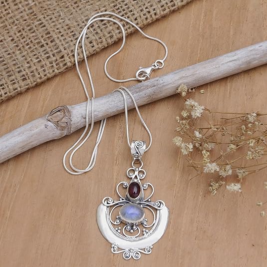 NOVICA Artisan Handcrafted Rainbow Moonstone & Garnet Teardrop Pendants | .925 Sterling Silver Birthstone Necklace | Handmade