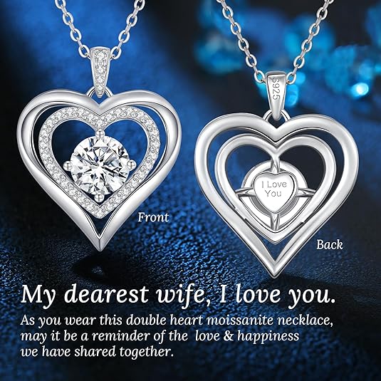 Moissanite Necklace for Women, Heart Pendant Engraved 'I Love You' Gifts for Wife, Valentine's Day Gift Anniversary Eternity Birthday Present Sterling Silver Jewelry for Her