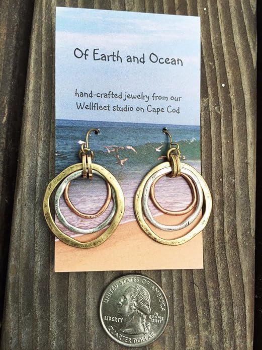 HANDMADE SUNRISE EARRINGS - OF EARTH AND OCEAN, Burnished Circles, Copper, Brass and Silverplated by Of Earth and Ocean