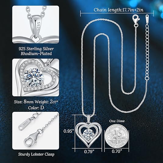Moissanite Necklace for Women, Heart Pendant Engraved 'I Love You' Gifts for Wife, Valentine's Day Gift Anniversary Eternity Birthday Present Sterling Silver Jewelry for Her