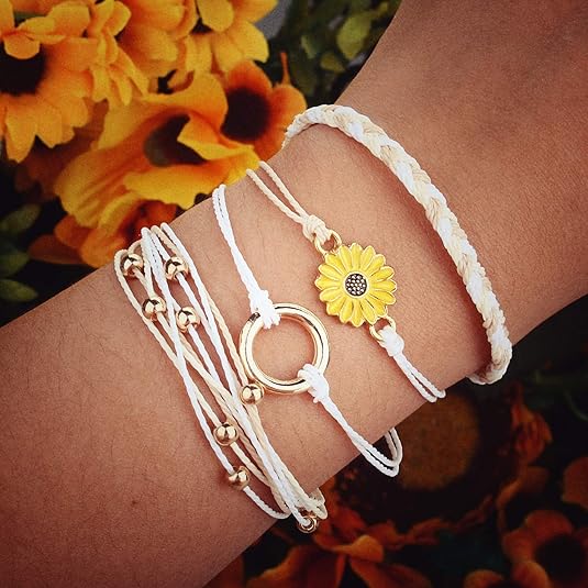 FANCY SHINY Sunflower String Bracelet Boho Braided Rope Wrap Bracelets Cute Summer Beach Surfer Jewelry for Women
