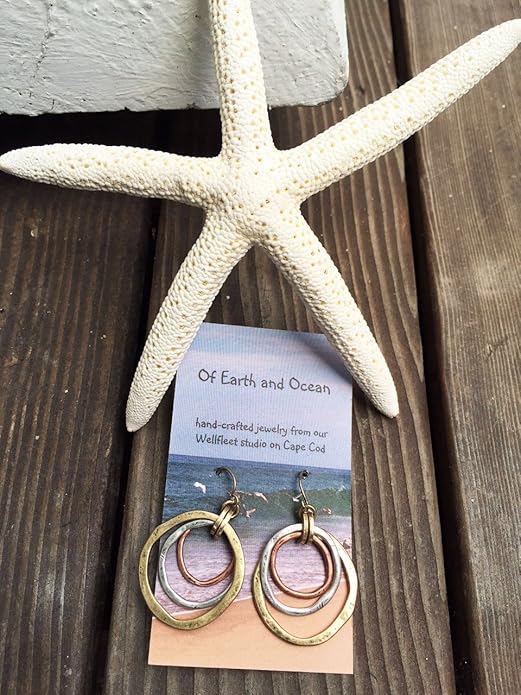 HANDMADE SUNRISE EARRINGS - OF EARTH AND OCEAN, Burnished Circles, Copper, Brass and Silverplated by Of Earth and Ocean